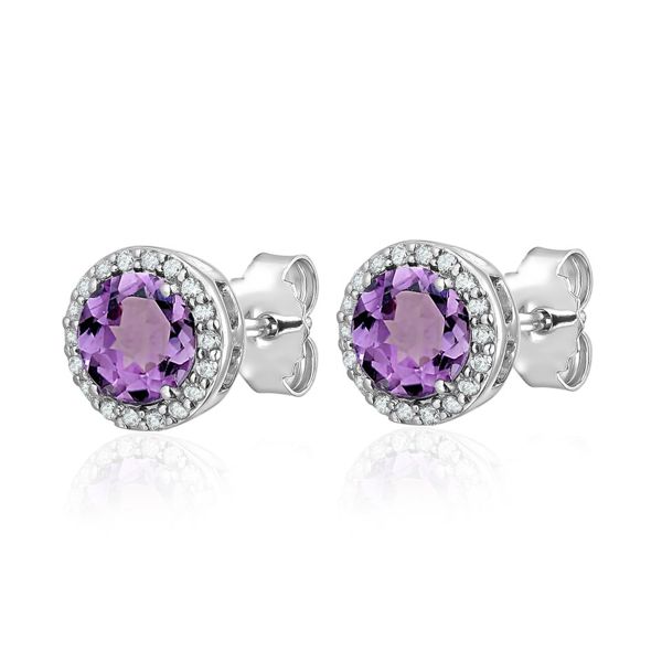 Sterling Silver Amethyst Stud Earrings with CZ Halo - Click Image to Close